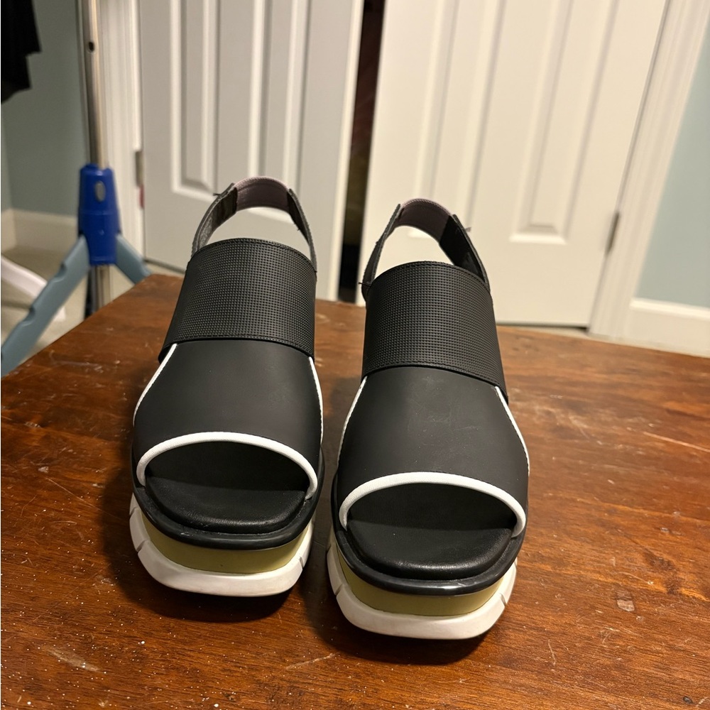 Sorel Black Wedge Sandals with White Trim